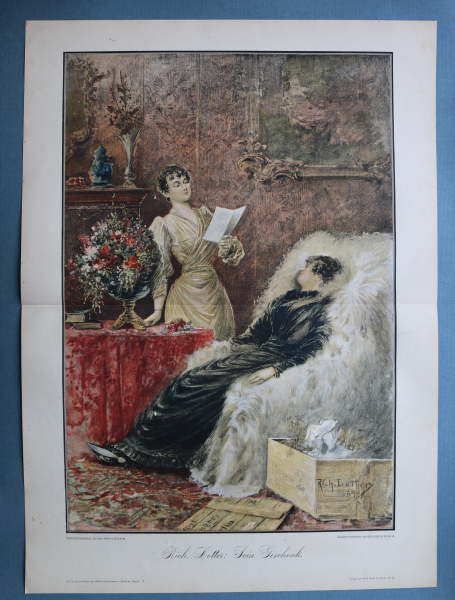 Lithographie Litho Richard Lotter 1885-1890 Sein Geschenk Frau Mode Kleider Kiste Brief vorlesen